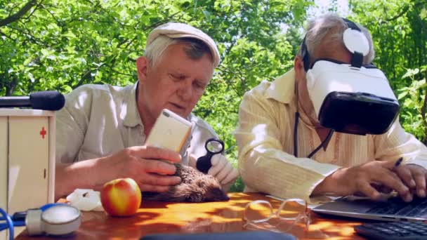 Uomo anziano tiene smartphone e lente d'ingrandimento sopra riccio — Video Stock