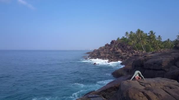 Natur med Ocean Shore Palms och Lady öva stretching — Stockvideo