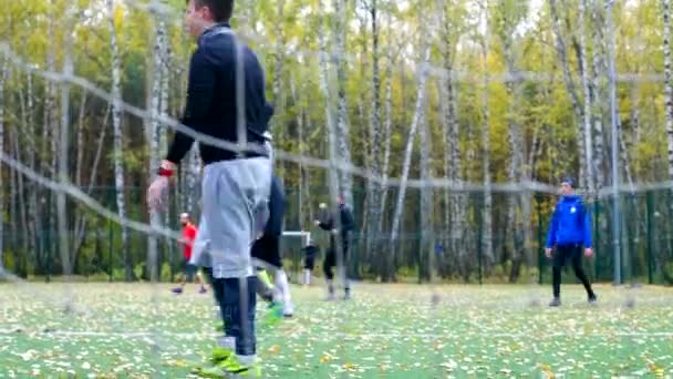 守门员在秋季公园通过门网弹球视图 — 图库视频影像