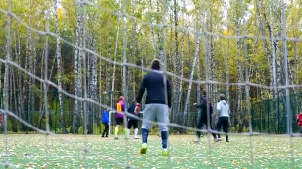 Goleiro pula na frente da rede de portão na vista traseira do parque — Vídeo de Stock