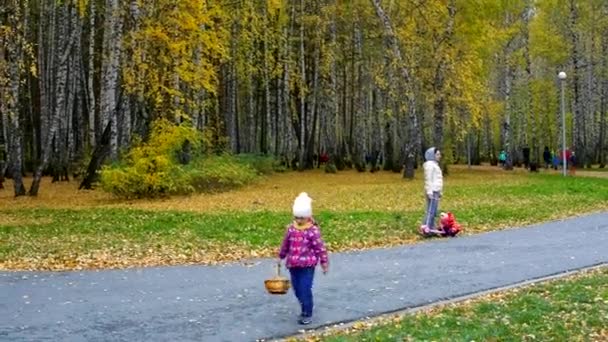 Маленькая девочка с корзинкой матери с малышом в березовом парке — стоковое видео
