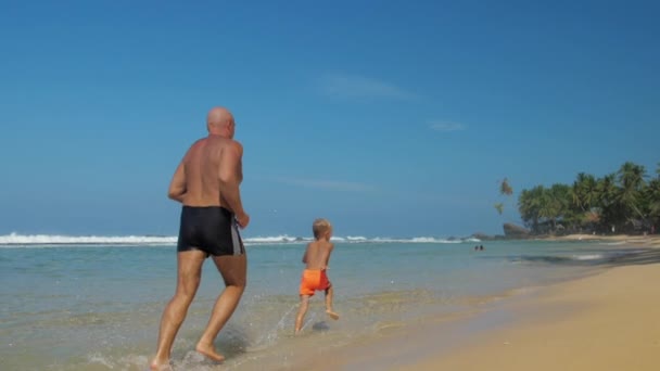 Familia de niño y papá corre en aguas poco profundas en la playa — Vídeo de stock
