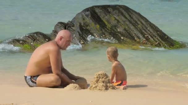 Мальчик и отец смотрят на песчаную башню, разрушенную морскими волнами — стоковое видео