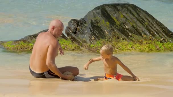 Papa en schattige zoon gooien nat zand spelen in water op het strand — Stockvideo