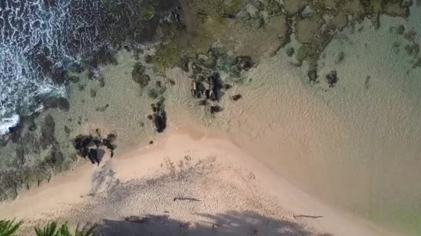 Agua transparente del océano entre la playa de arena y las rocas — Vídeos de Stock