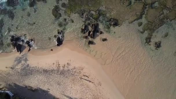 Pessoa vagueia ao longo da praia de areia amarela perto de edifícios — Vídeo de Stock