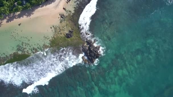 Acantilado entre las olas del océano rodando en la costa arenosa verde — Vídeos de Stock