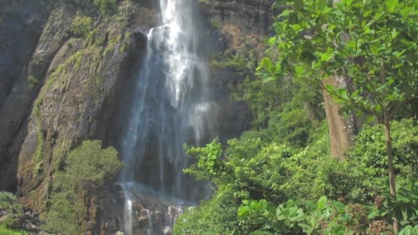 Malerischer Wasserfall von hohen Felsklippen mit grünen Bäumen — Stockvideo