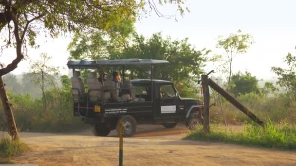 Véhicule utilitaire sport noir avec des touristes dans le parc national — Video