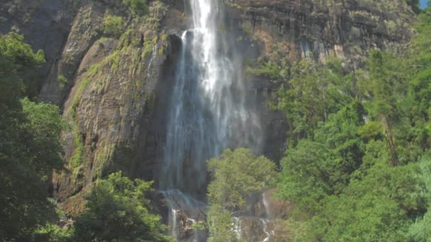 Malebný vodopád z vysokého skalnatého útesu se zelenými stromy — Stock video