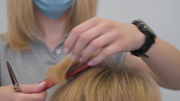 Žena stříhá pramen vlasů pomocí profesionálních kovových nůžek — Stock video