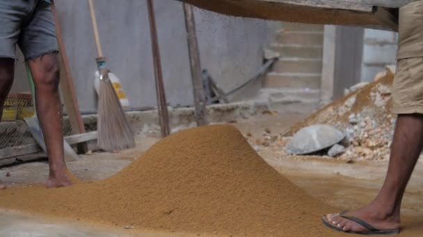 Local workmen sow sand with special tool close view — Stock Video