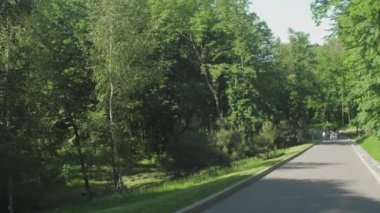 İnsanlar parkta boş vakitlerini harcayarak geniş bir yolda yürüyorlar.