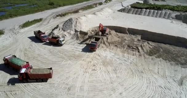 Movimento aéreo para despejar caminhão e escavadeira em areia pit antena — Vídeo de Stock