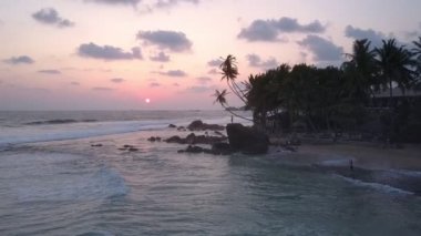 Okyanus dalgaları kumlu sahilde yuvarlanıyor ve sık ormanlarda kayalar.