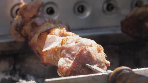 Barbecue meat of brown colour rotates on silver spit — Stock Video