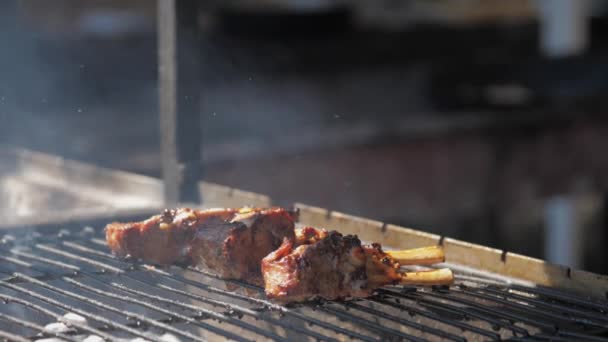 Delicious pork ribs on brown colour lie on barbecue grid — Stock Video