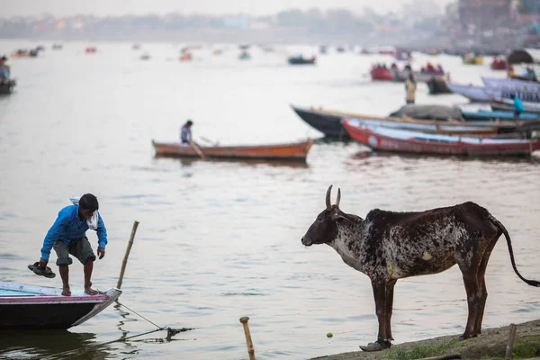 Vārānasi India Mar 2018 Stranden Floden Heliga Ganges Kvällen Enligt — Stockfoto