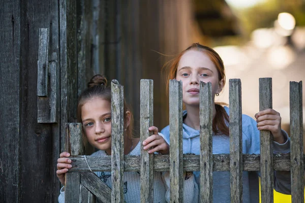 Duas Irmãs Meninas Olham Por Trás Uma Cerca Aldeia Madeira — Fotografia de Stock