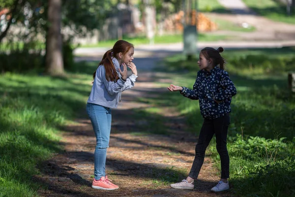 Two Girls Sisters Girlfriends Talking Emotionally Outdoors — Stock Photo, Image