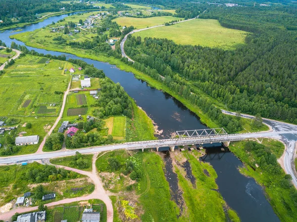 Vista Panorâmica Rio Vazhinka Ponte Aldeia Kurpovo Região Leningrado Rússia — Fotografia de Stock