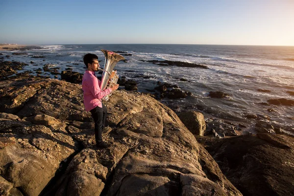 音乐家演奏对大号乐器在浪漫岩石海岸 — 图库照片
