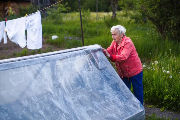 高齢者の女性は 彼女の村の家の近く温室を閉じます — ストック写真