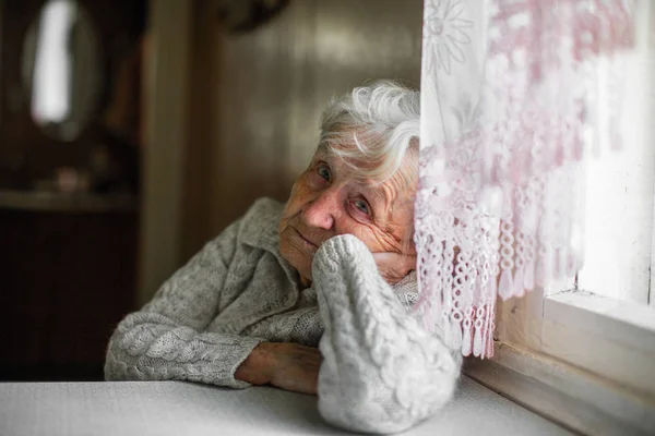 Sad Old Woman Sitting Window — Stock Photo, Image