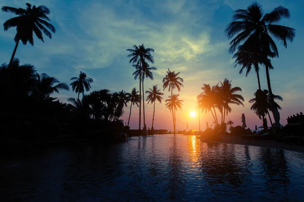 Hermoso Crepúsculo Playa Tropical Con Siluetas Palmeras —  Fotos de Stock