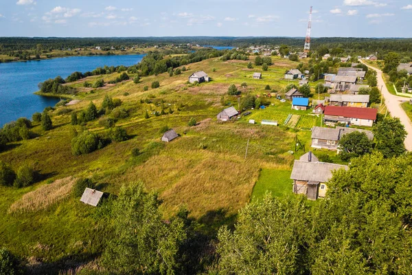 Fågelperspektiv Lindström Village Och Oyat River Gröna Fält Och Vepsiska — Stockfoto