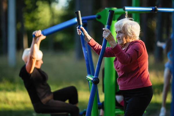 Oudere Vrouwen Het Doen Van Oefeningen Speelplaats Het Park — Stockfoto