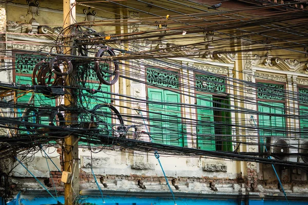 Fios Elétricos Plexo Nas Ruas Bangkok Tailândia — Fotografia de Stock