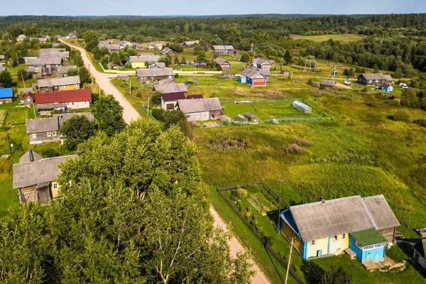 Bird Eye View Van Ladva Dorp Groene Velden Vepsian Bos — Stockfoto