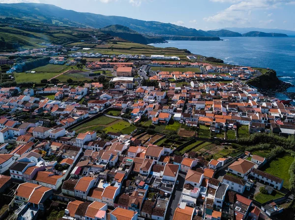 Top view of building roofs in Maia city of San Miguel island, Azores archipelago, Portugal.