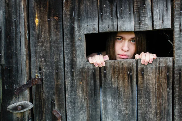 一个年轻女子被锁在木制的旧谷仓里 伤心地看着缝隙 — 图库照片