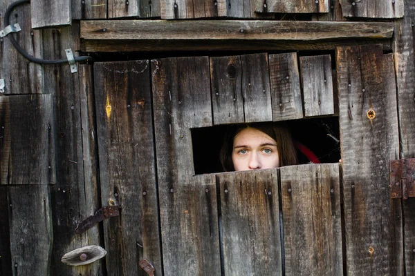 Une Jeune Femme Enfermée Dans Une Vieille Grange Bois Triste — Photo