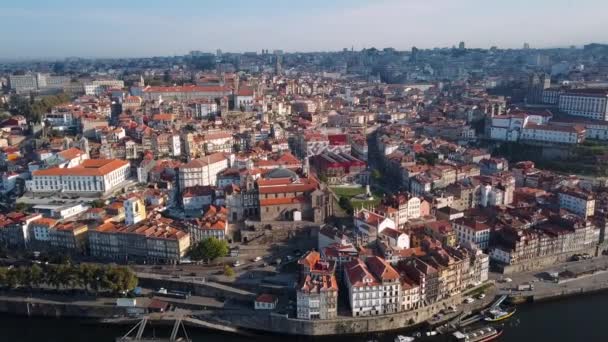 Aerial View Douro River Ribeira Porto Portugal Flying Roofs Old — Stock Video