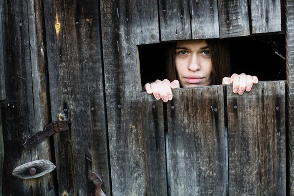 Junge Frau Mit Langen Haaren Blickt Aus Den Holzschuppenfenstern — Stockfoto