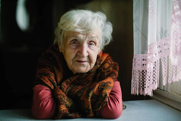 Portrait Elderly Woman Sitting Her House — Stock Photo, Image