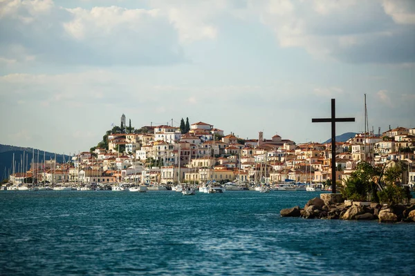 Poros Insel Blick Auf Die Küste Vom Seehafen Griechenland Ägäis — Stockfoto