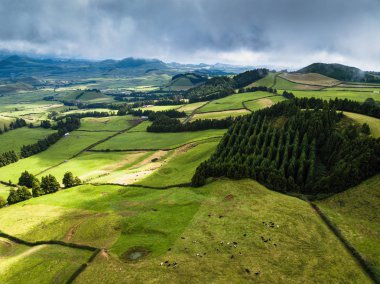 San Miguel Island, kömür en yüksek bakış açısı, Azores, Portekiz yeşil alanların havadan görünümü. 