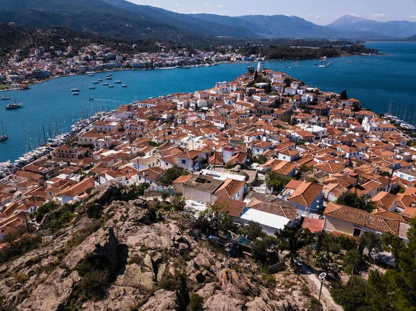 Vista Casas Mar Marina Isla Poros Mar Egeo Grecia —  Fotos de Stock