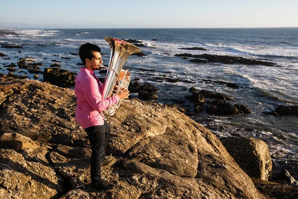 在海边玩上低音的音乐家 — 图库照片