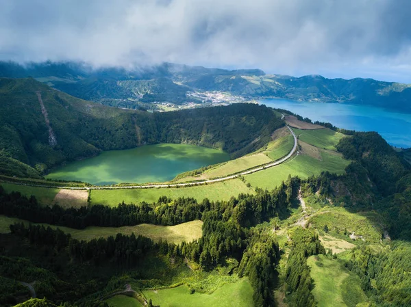 Vista Aérea Boca Inferno Lagos Sete Cidades Crateras Vulcânicas Ilha — Fotografia de Stock