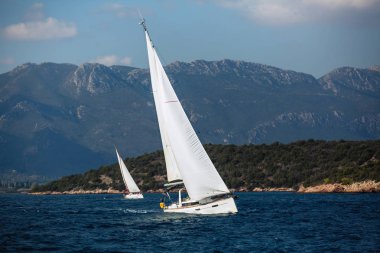 Lüks Yelkenli Yatlar. Denizde dalgalar aracılığıyla rüzgar yelken.