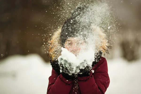 Emotions Child Girl Plays Snow Outdoor Winter — Stock Photo, Image