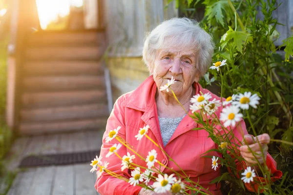 Portret Van Bejaarde Vrouw Buurt Van Zijn Dorpshuis — Stockfoto