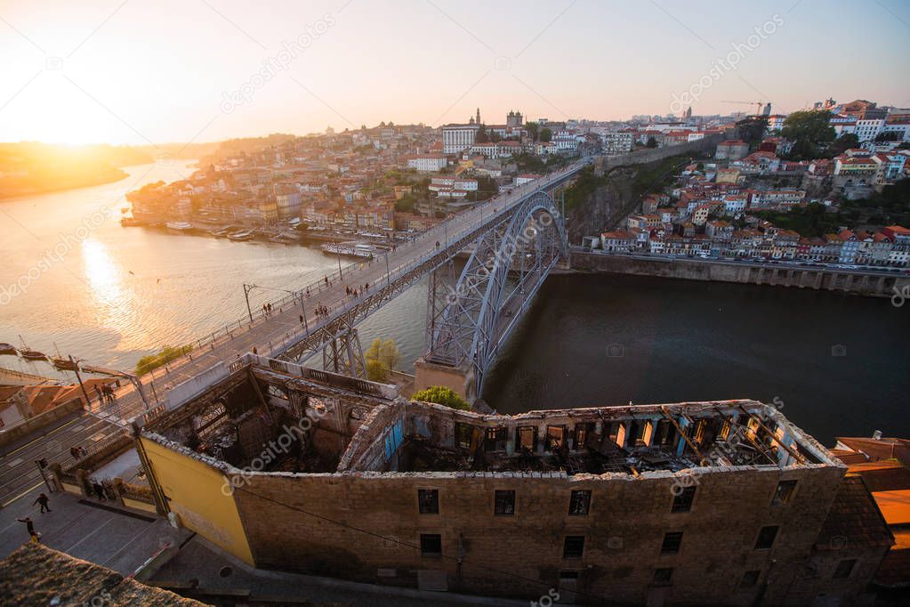 Abandoned ruins buildings near the Dom Luis I bridge over the Douro river, Porto - Portugal.