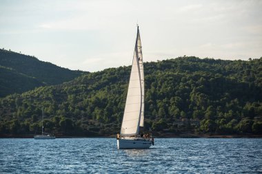 Poros, Yunanistan - 9 Ekim 2018: Denizciler 20 Ellada sonbahar 2018 Yunan Adası arasında grup Ege Denizi'nde Cyclades ve Saronic Gulf Yelkenli katılmak.
