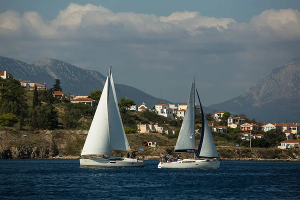 Poros Grecia Oct 2018 Velero Participa Regata Vela Ellada Otoño —  Fotos de Stock